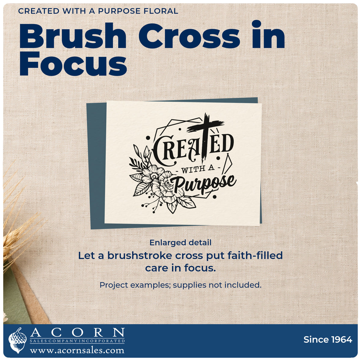 Enlarged detail of the Created With A Purpose Floral Rubber Stamp – Duo Hand imprint. Flowers, a brushstroke cross, and a geometric outline frame "Created with a purpose."