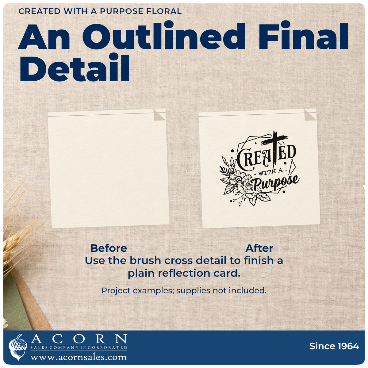 Before and after of a plain item finished with the Created With A Purpose Floral Self-Inking Stamp, a quick upgrade for journal cover stamping.