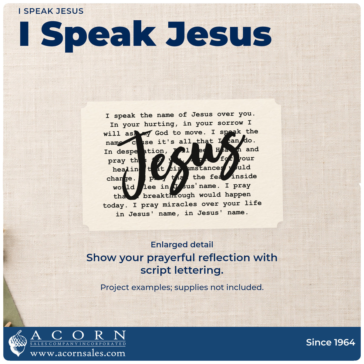 Enlarged detail of the Vintage Pro I Speak Jesus Premium Wooden Stamp imprint. Large "Jesus" script overlays a block of smaller prayer text beginning "I speak the name of Jesus over you."