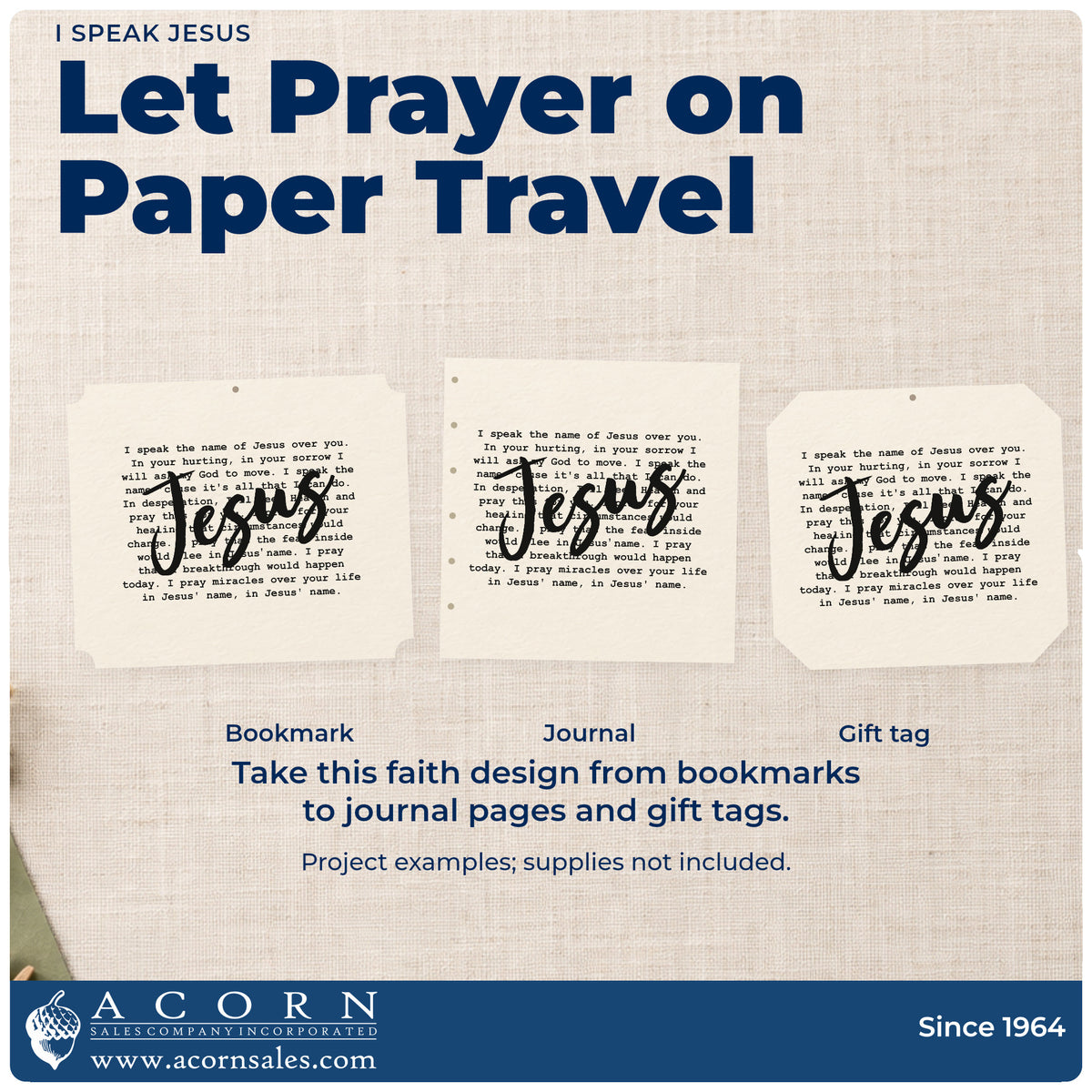 Three project examples made with the Vintage Pro I Speak Jesus Premium Wooden Stamp, including baptism keepsakes.