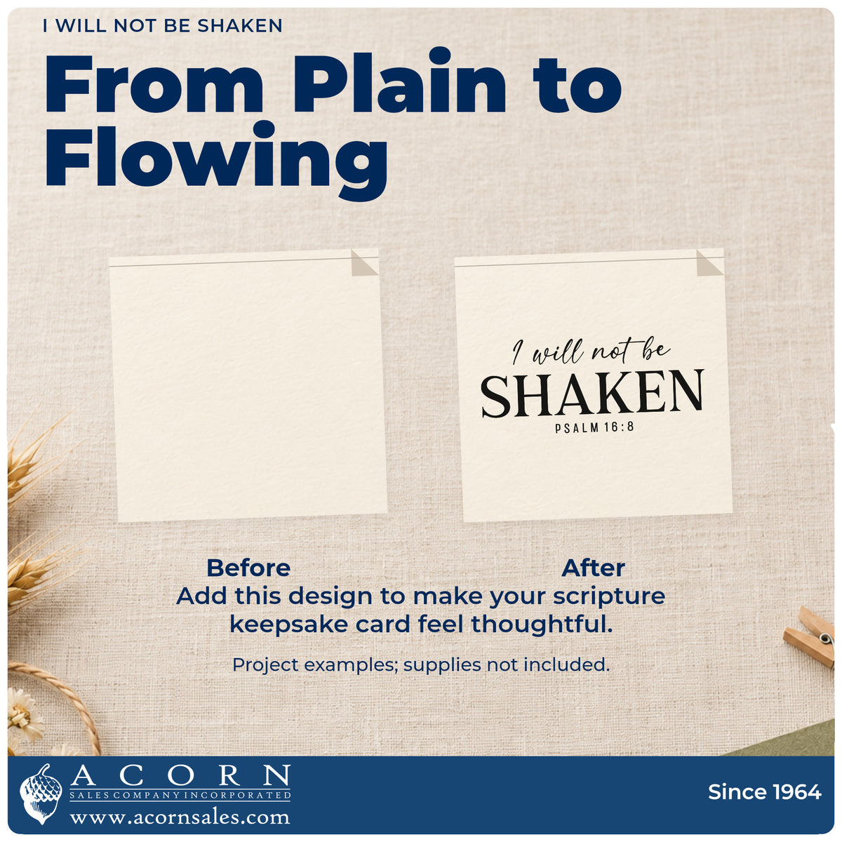 Before and after of a plain item finished with the I Will Not Be Shaken Serif Lettering Premium Wooden Stamp - Vintage Pro, a quick upgrade for first responder gifts.