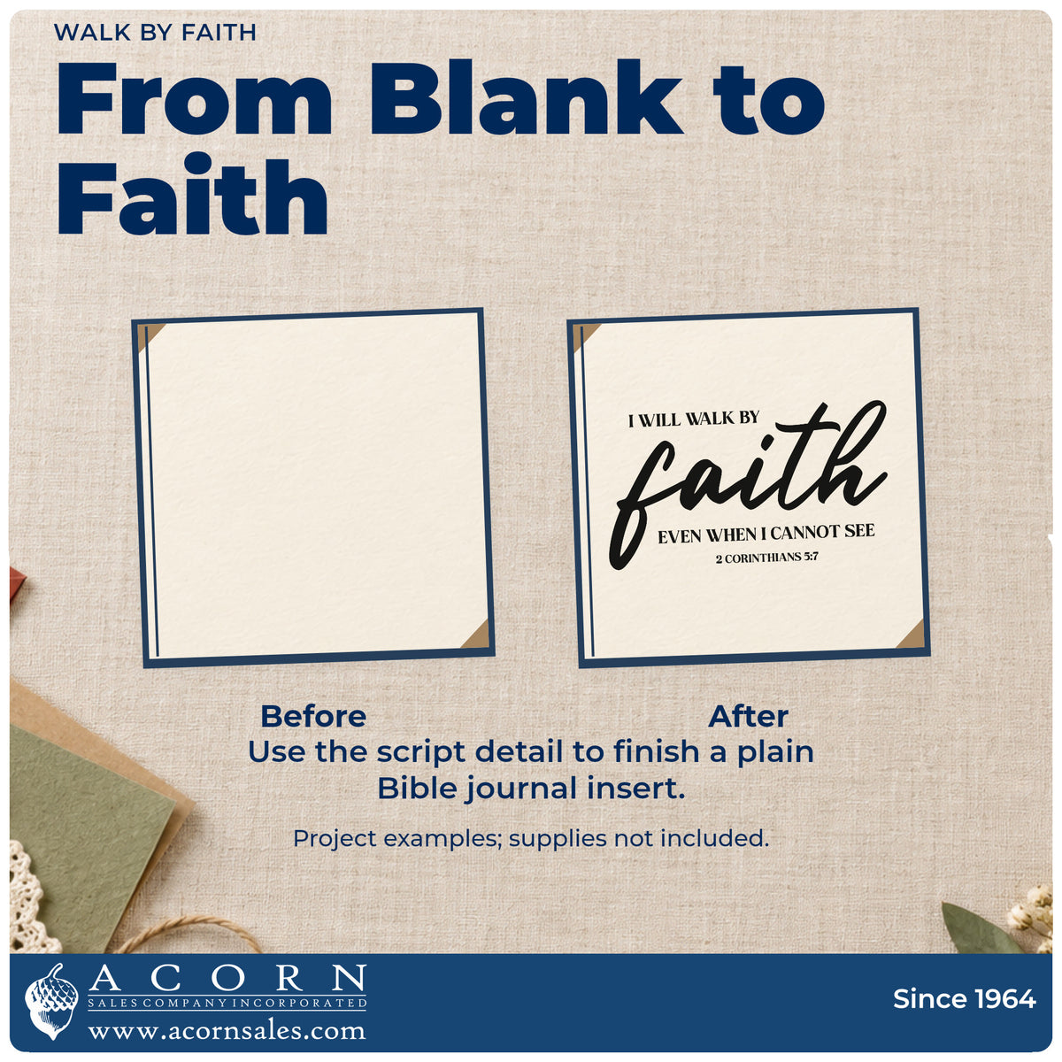 Before and after of a plain item finished with the Walk By Faith Even When I Cannot See Premium Wooden Stamp - Vintage Pro, a quick upgrade for mission trip tags.