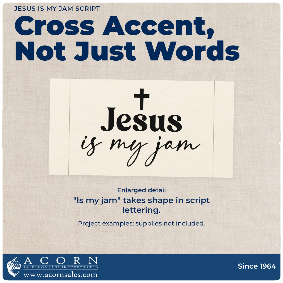 Enlarged detail of the Jesus Is My Jam Script Rubber Stamp – Duo Hand imprint. A small cross tops serif "Jesus" lettering and "Is my jam" script.