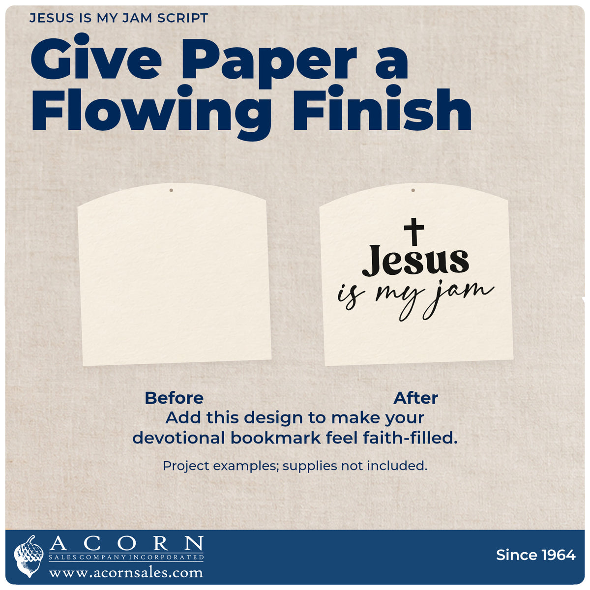 Before and after of a plain item finished with the Jesus Is My Jam Script Pre-Inked Stamp – PSI, a quick upgrade for playlist gift tags.