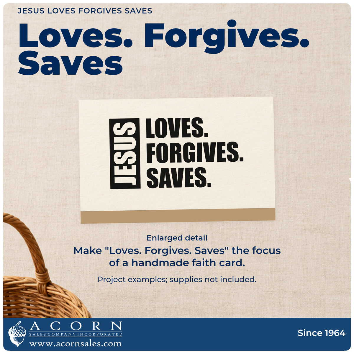 Enlarged detail of the Jesus Loves Forgives Saves Frame Accent Hand Stamp – Duo imprint. Vertical white "Jesus" lettering in a dark rectangle sits beside stacked "Loves. Forgives. Saves."