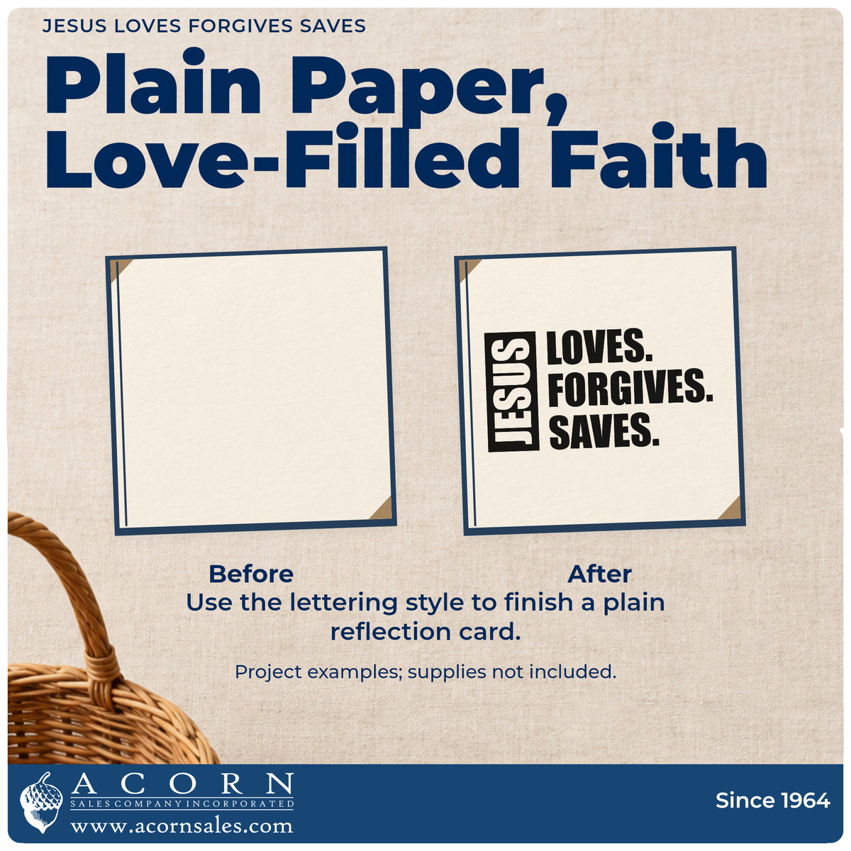 Before and after of a plain item finished with the Jesus Loves Forgives Saves Frame Accent Rubber Stamp – Wood Handle, a quick upgrade for easter program covers.