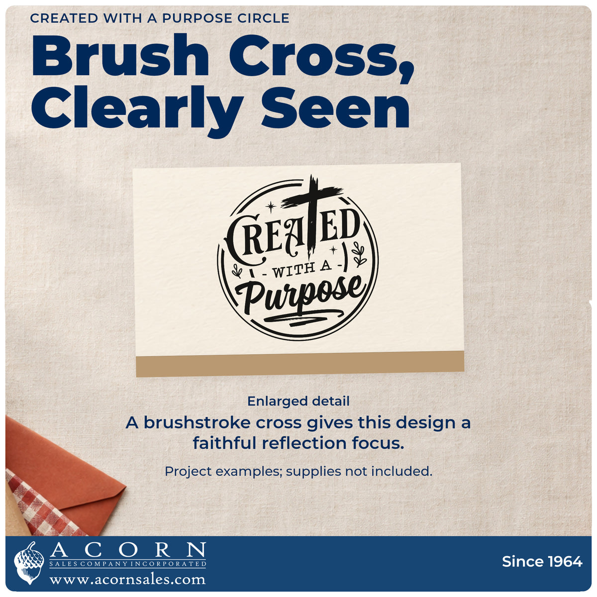 Enlarged detail of the Created With A Purpose Circle PSI Pre-Inked Stamp imprint. A brushstroke cross, small leaves, and sparkles accent "Created with a purpose" inside a loose circular border.