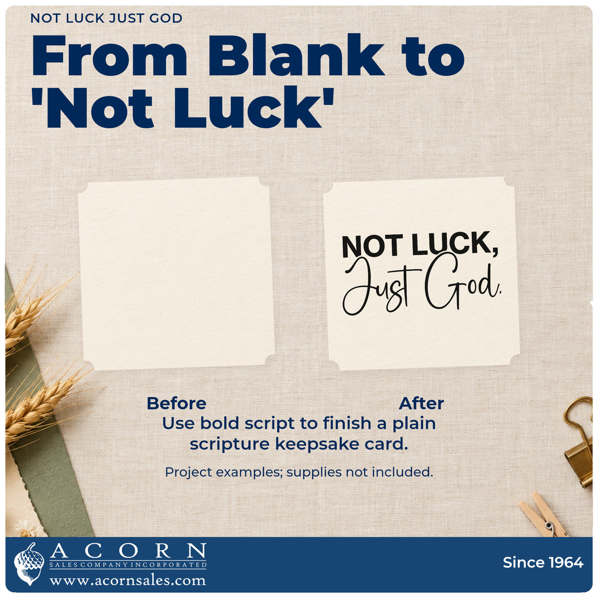 Before and after of a plain item finished with the Vintage Pro Not Luck Just God Premium Wooden Stamp, a quick upgrade for st. patrick's faith cards.