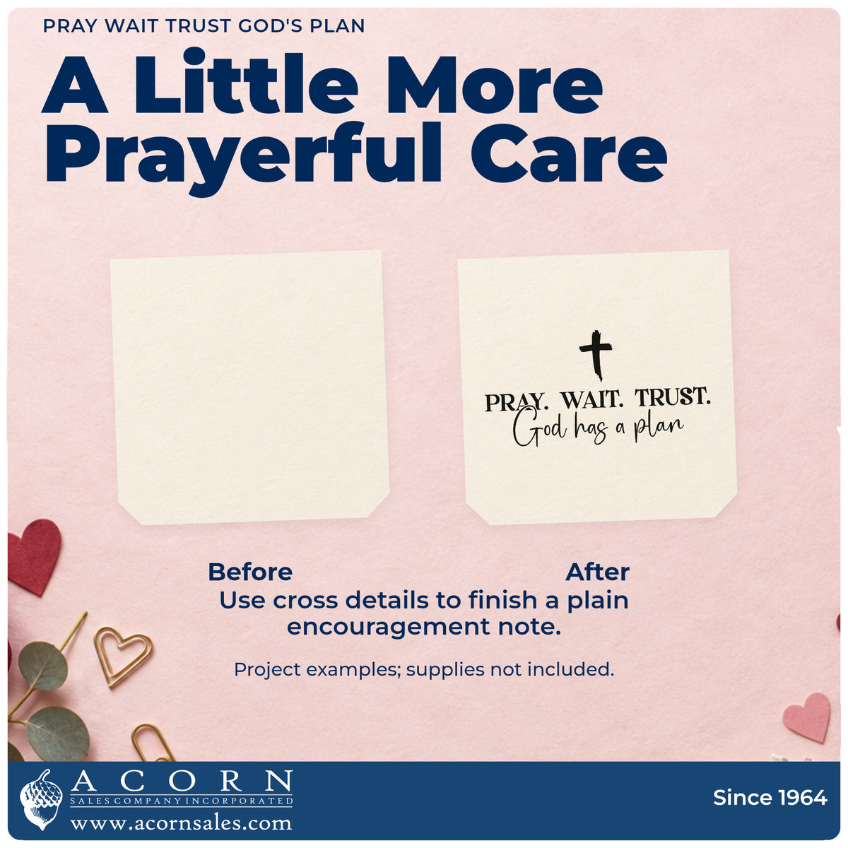 Before and after of a plain item finished with the Vintage Pro Pray Wait Trust God's Plan Premium Wooden Stamp, a quick upgrade for planner cover stamping.