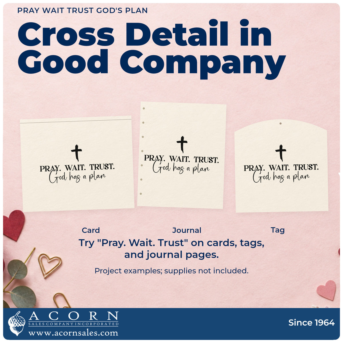 Three project examples made with the Vintage Pro Pray Wait Trust God's Plan Premium Wooden Stamp, including waiting season pages.