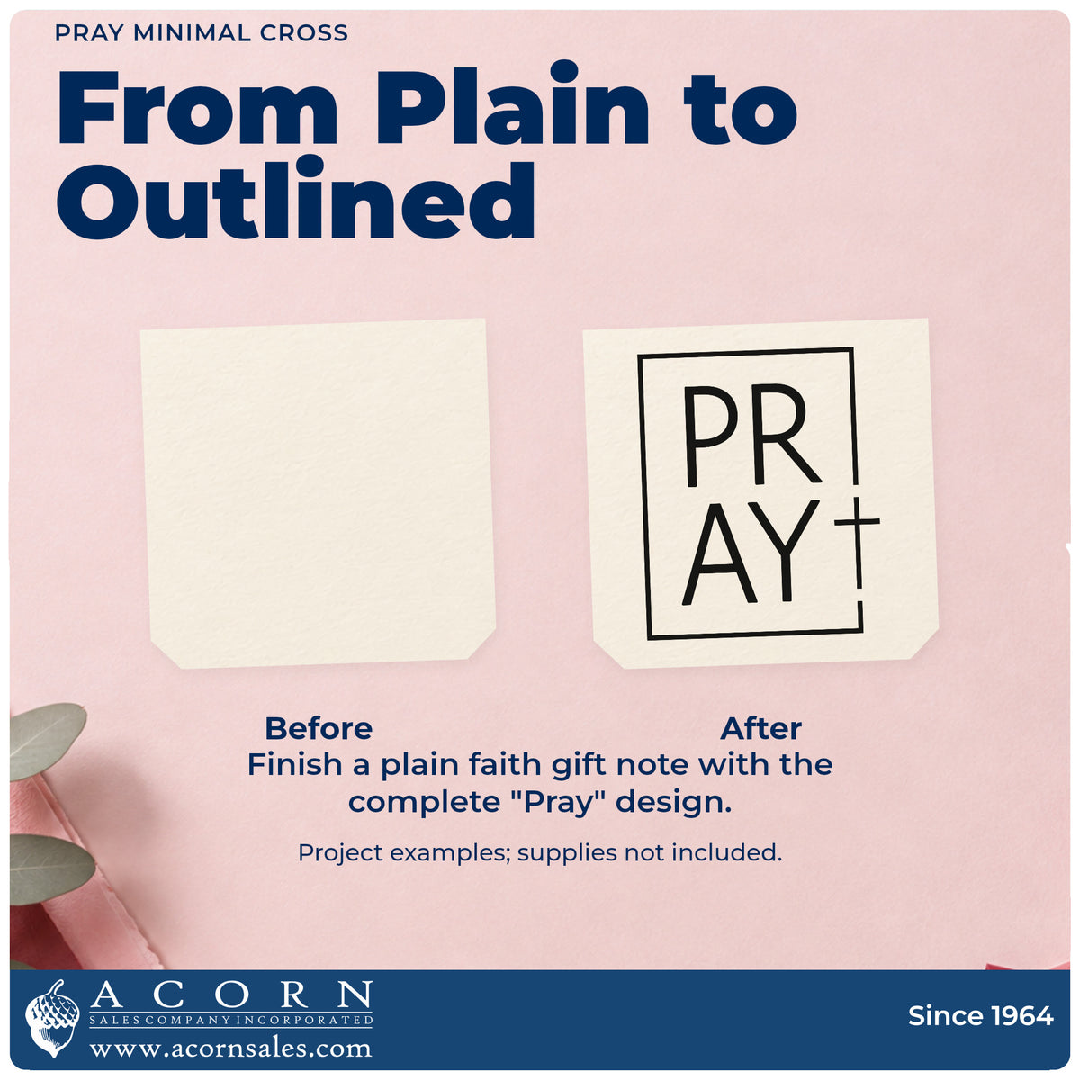 Before and after of a plain item finished with the PSI Pre-Inked Pray Minimal Cross Frame Accent Stamp, a quick upgrade for prayer request cards.