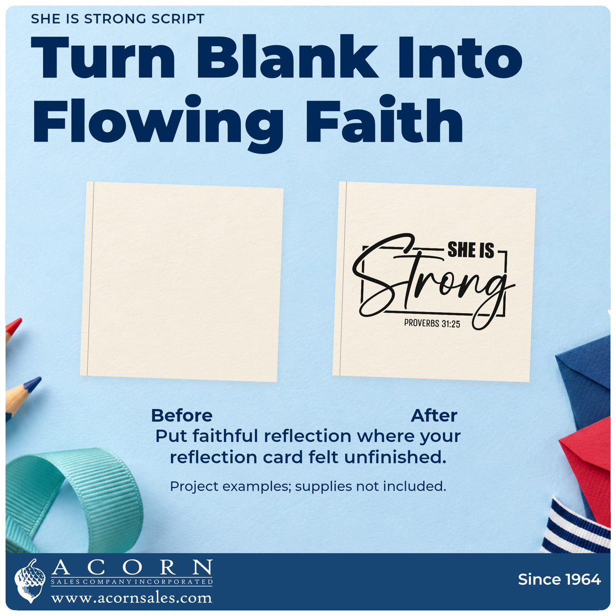 Before and after of a plain item finished with the She Is Strong Script Framed Lettering Rubber Stamp – Duo Hand, a quick upgrade for survivor gift tags.