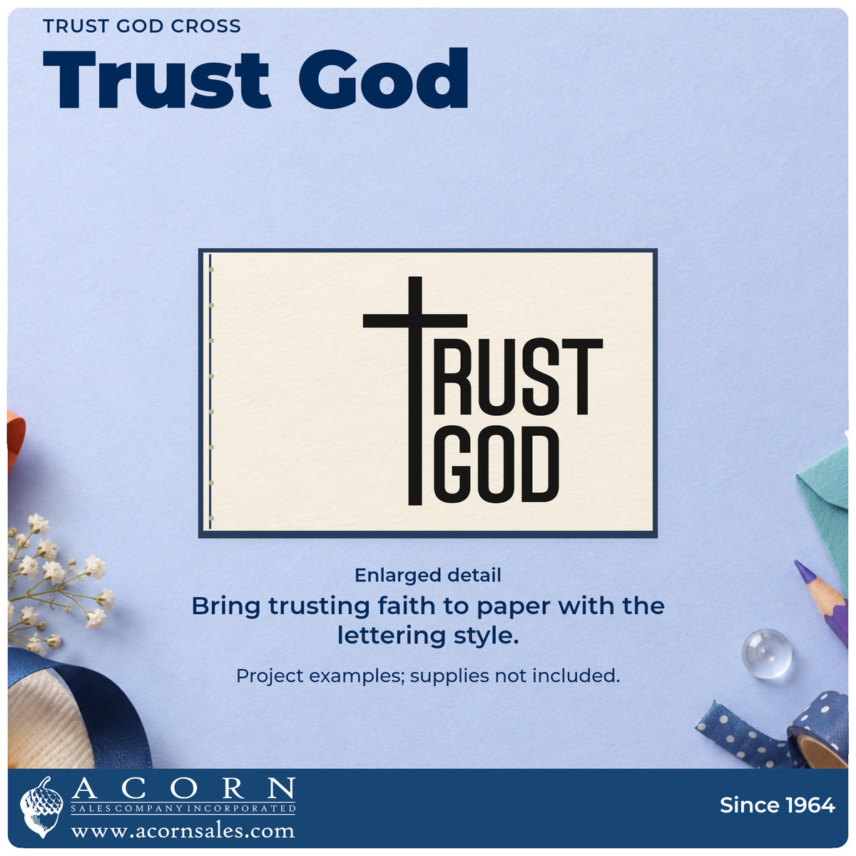 Enlarged detail of the Trust God PSI Pre-Inked Stamp imprint. A tall cross forms the left edge of stacked "Trust God" lettering.