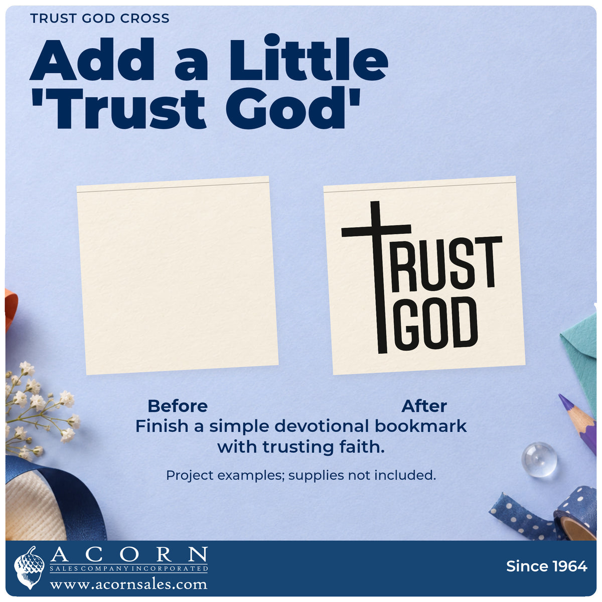 Before and after of a plain item finished with the Trust God Stamp – Self-Inking, a quick upgrade for door frame signs.
