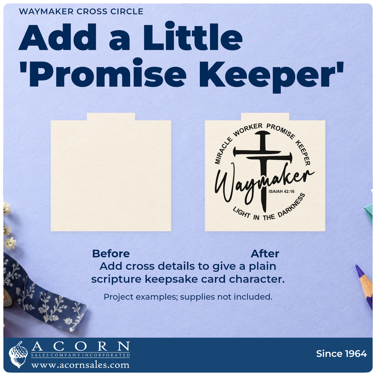 Before and after of a plain item finished with the Waymaker Three-Nail Cross Stamp – Self-Inking, a quick upgrade for men's retreat tags.