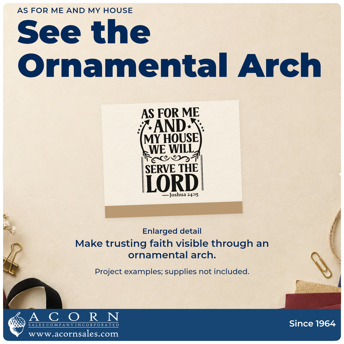 Enlarged detail of the As For Me And My House Wood-Mounted Rubber Stamp imprint. An ornamental arch frames "As for me and my house, we will serve the Lord," with Joshua 24:15.