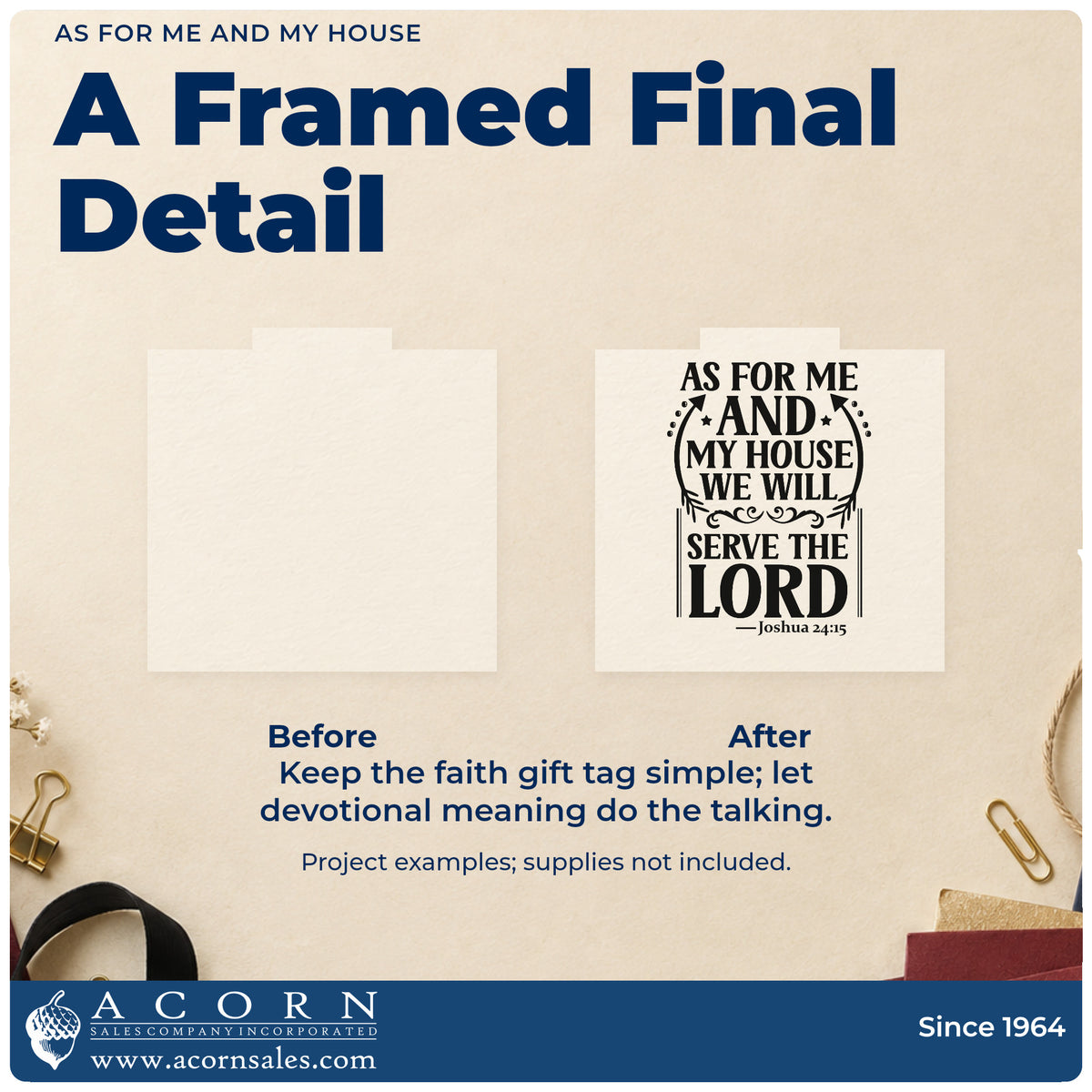Before and after of a plain item finished with the As For Me And My House Wood-Mounted Rubber Stamp, a quick upgrade for realtor closing gifts.