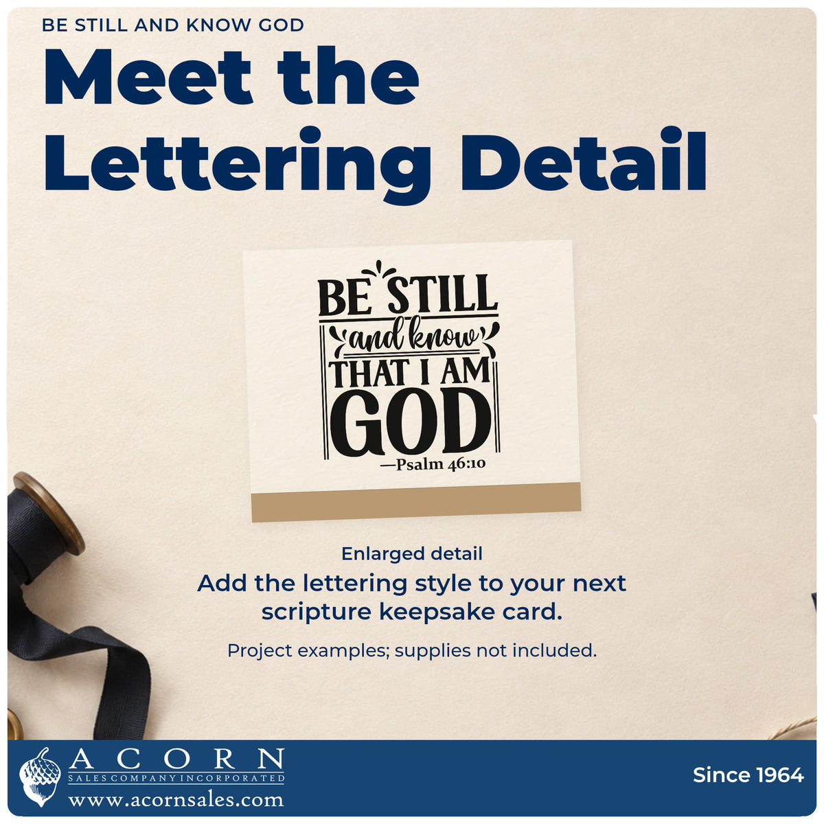 Enlarged detail of the Be Still And Know That I Am God Rubber Stamp – Wood Handle imprint. Decorative rules and mixed lettering read "Be still and know that I am God," with Psalm 46:10.