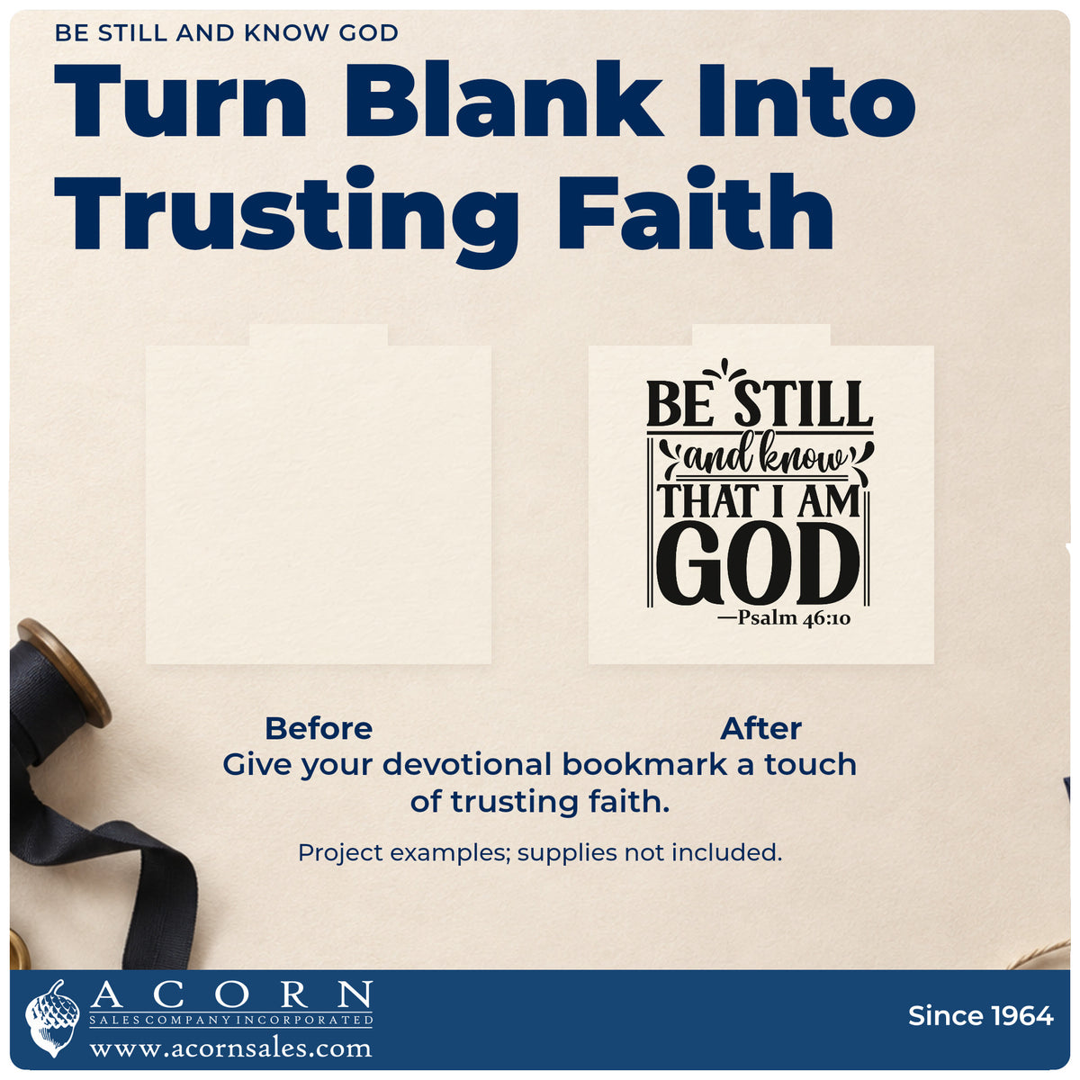 Before and after of a plain item finished with the Be Still And Know That I Am God Premium Wooden Stamp - Vintage Pro, a quick upgrade for chaplain cards.