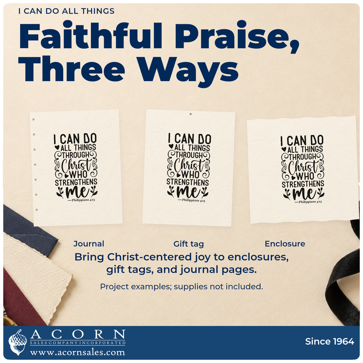 Three project examples made with the I Can Do All Things Rubber Stamp – Wood Handle, including achievement pages.