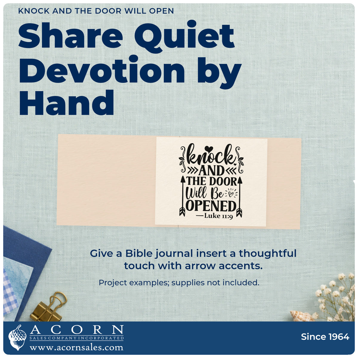 A finished handmade project stamped with the Knock And The Door Will Open Leaf Accents Wood-Mounted Rubber Stamp, ideal for job search gifts.