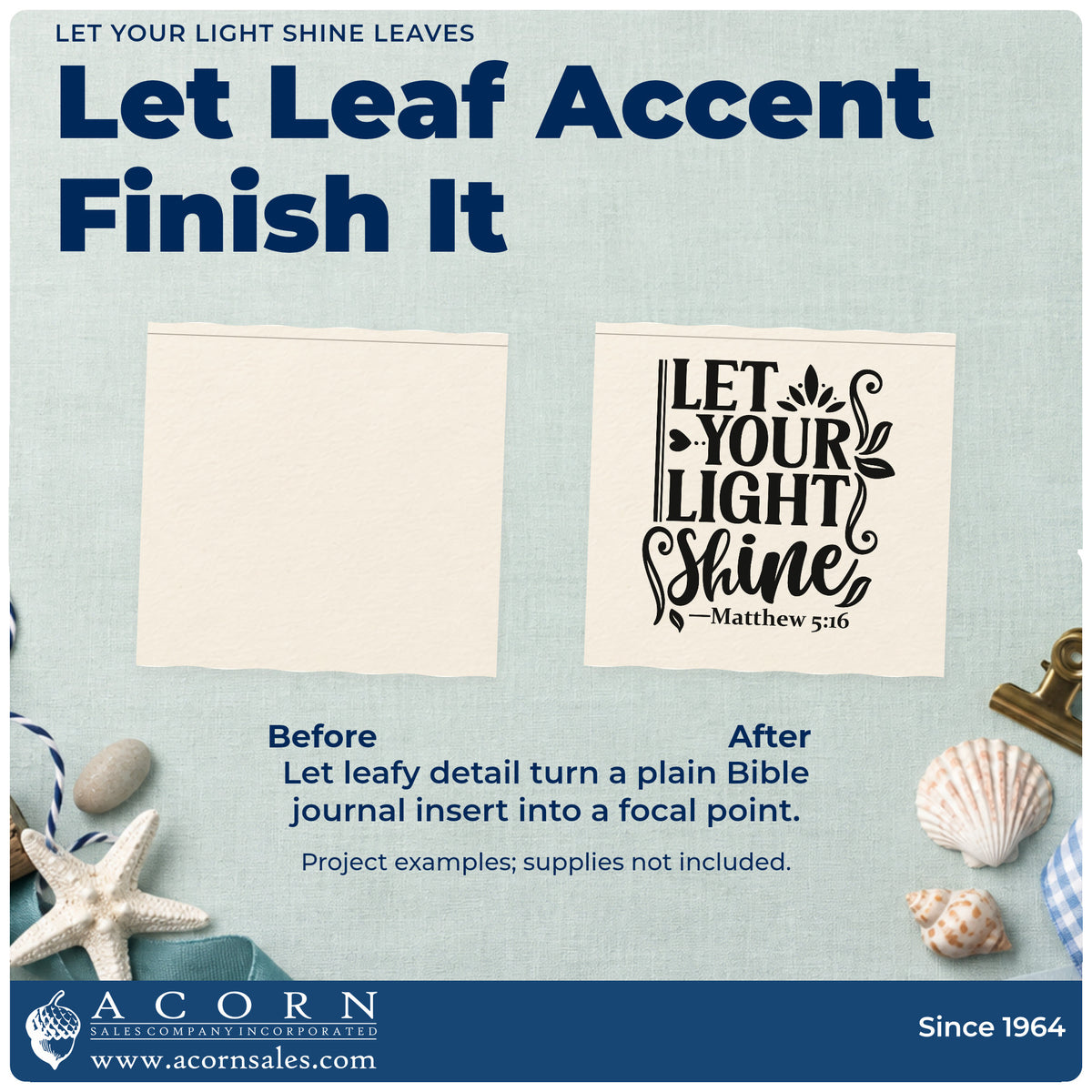 Before and after of a plain item finished with the Let Your Light Shine Leaves Stamp – Duo Hand, a quick upgrade for nurse appreciation.