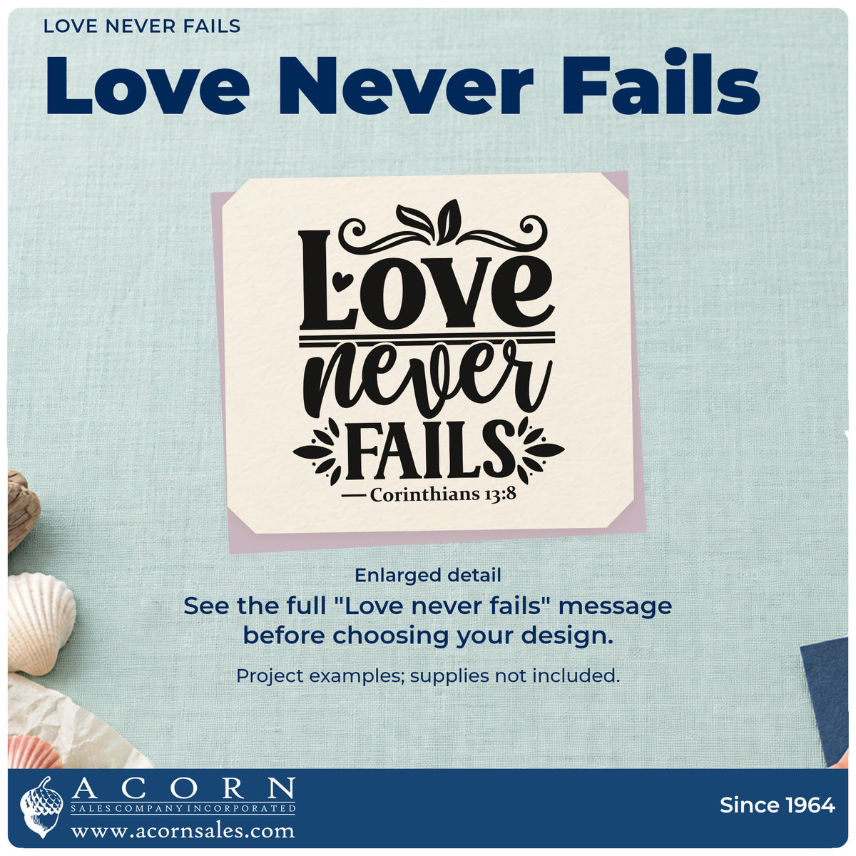 Enlarged detail of the Wood Handle Love Never Fails Leaf Accents Rubber Stamp imprint. Leaves, hearts, and horizontal rules accent "Love never fails," with "Corinthians 13:8" below.