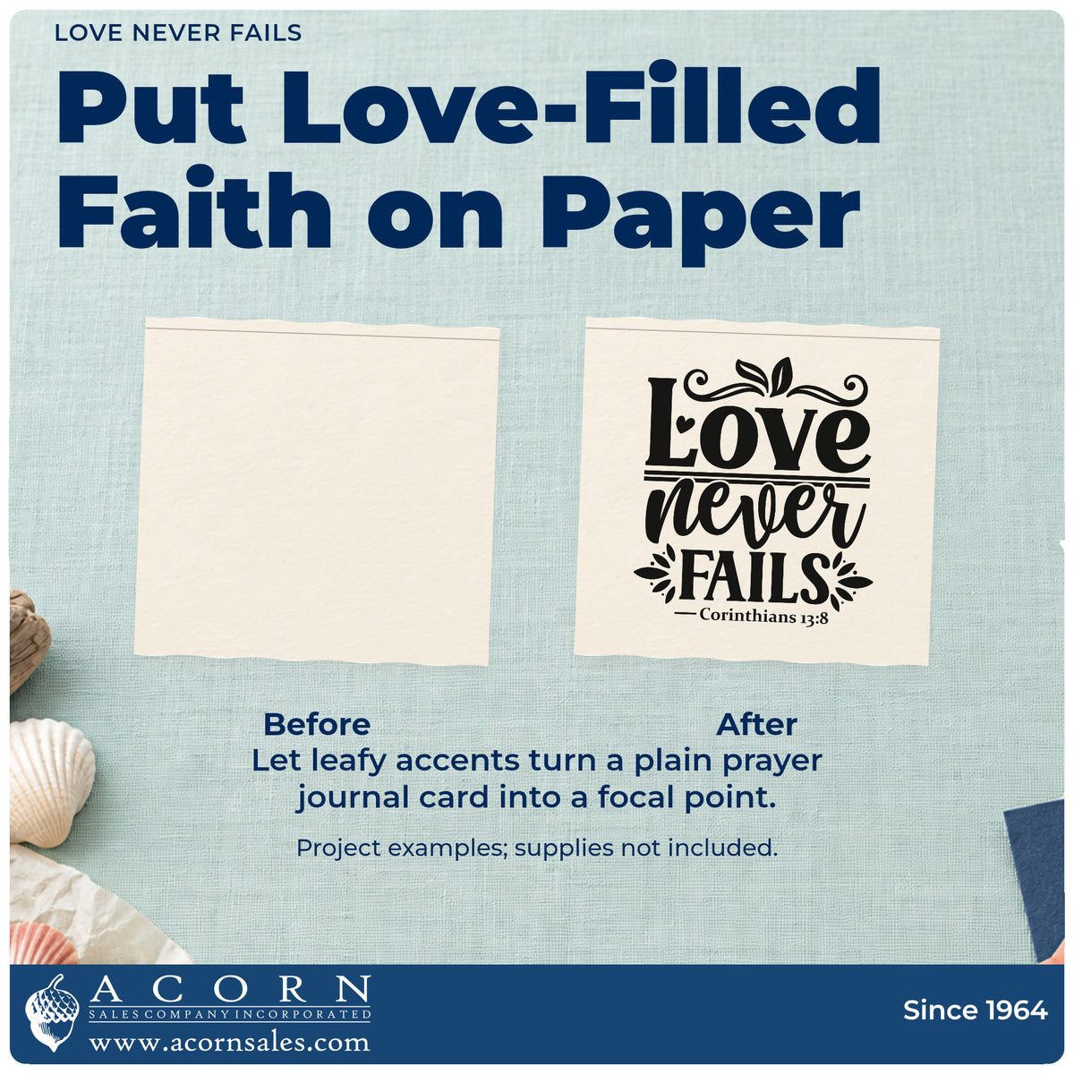 Before and after of a plain item finished with the Wood Handle Love Never Fails Leaf Accents Rubber Stamp, a quick upgrade for canvas pillow covers.