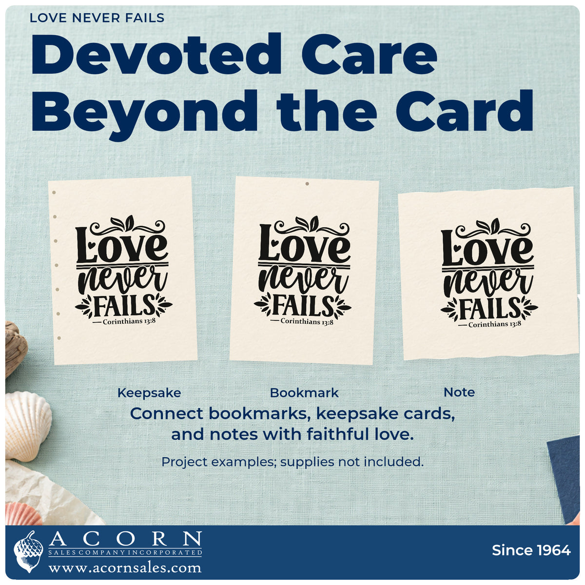 Three project examples made with the Wood Handle Love Never Fails Leaf Accents Rubber Stamp, including couple scrapbooks.