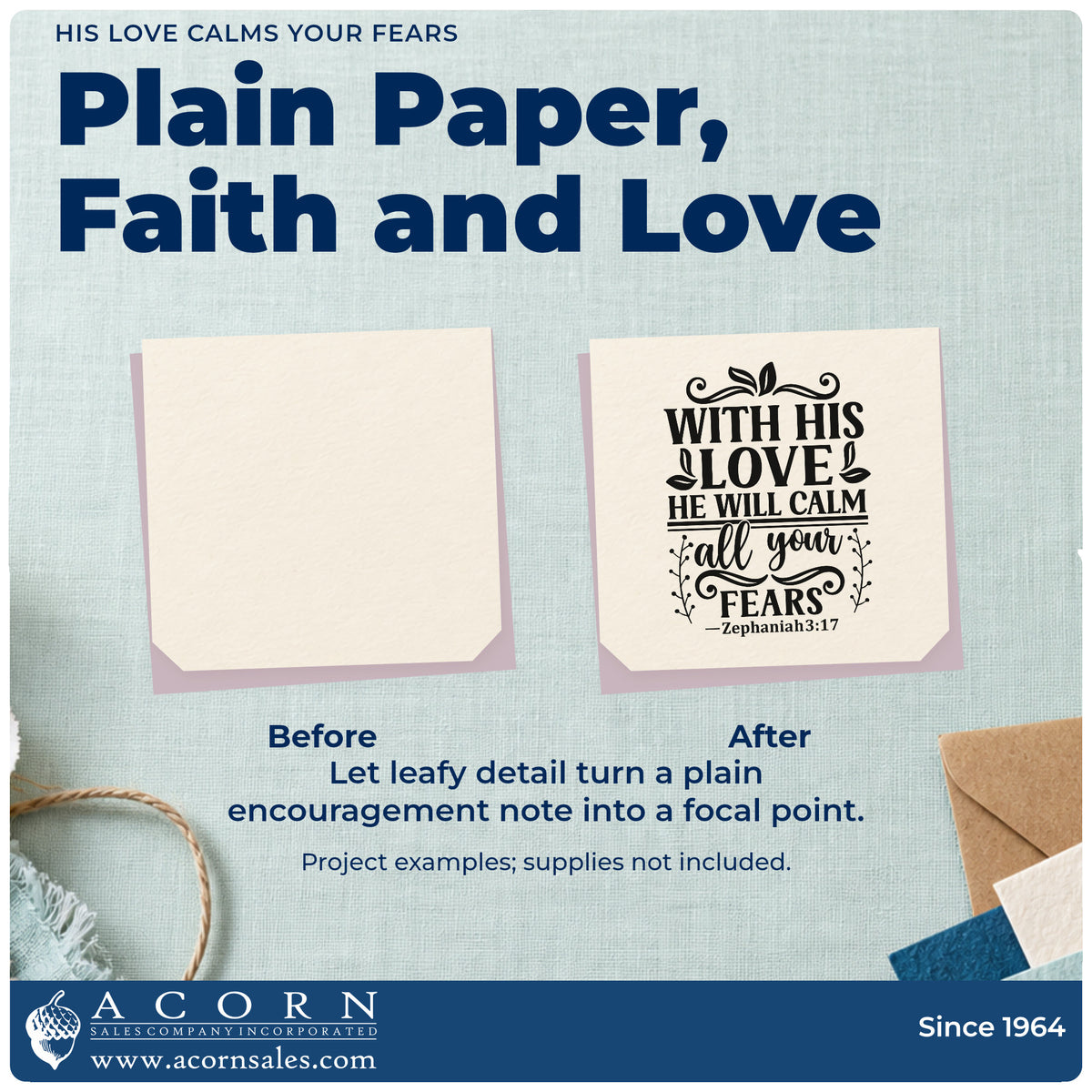 Before and after of a plain item finished with the His Love Calms Your Fears Leaf Accents Stamp – Slim Pre-Inked, a quick upgrade for canvas totes.