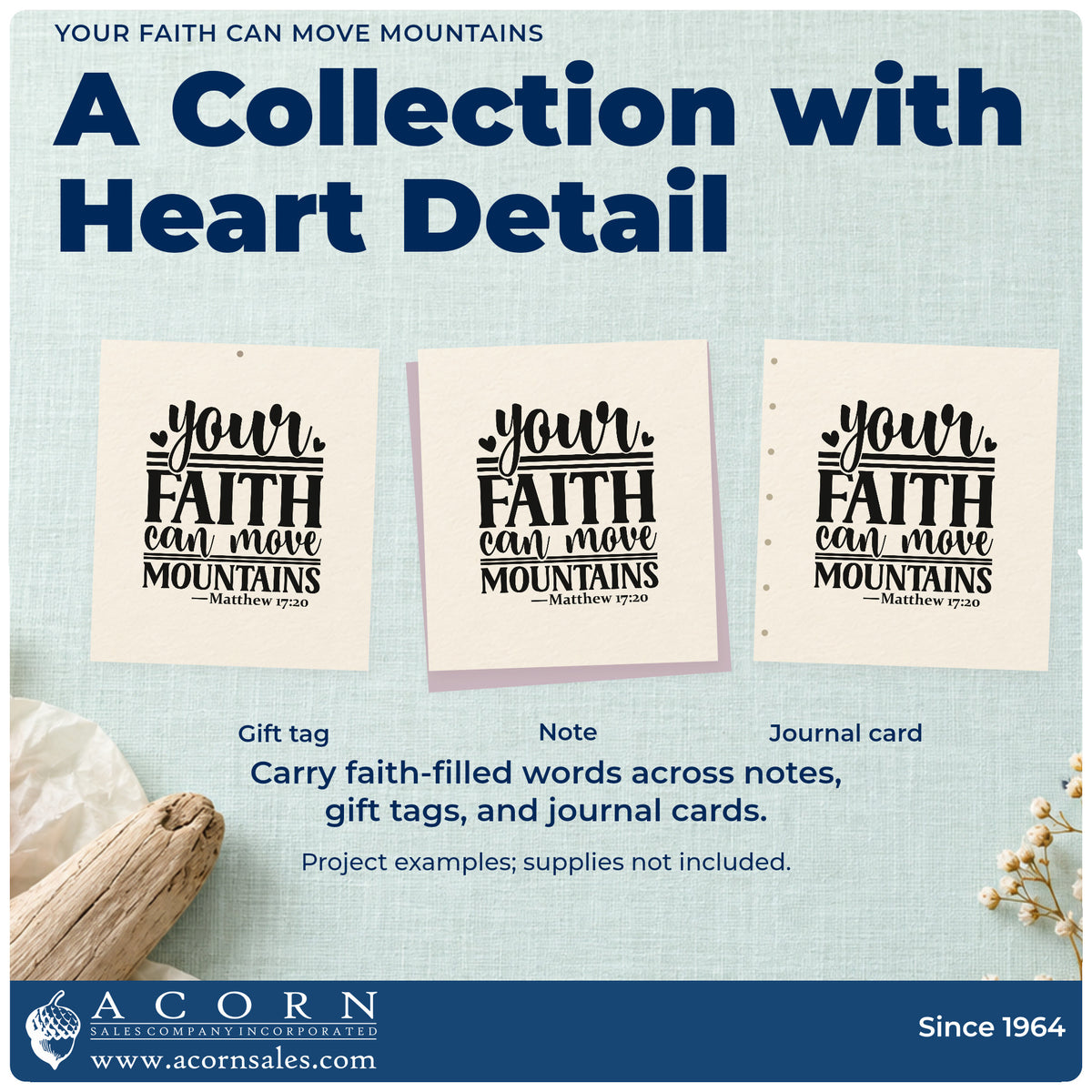 Three project examples made with the Your Faith Can Move Mountains Premium Wood-Mounted Stamp - Vintage Pro, including challenge scrapbooks.