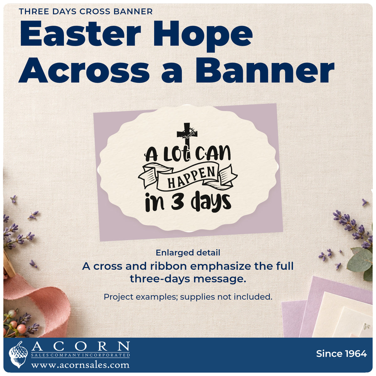 Enlarged detail of the Slim Pre-Inked Three Days Cross Banner Stamp imprint. A cross tops "A lot can happen in 3 days," with "Happen" across a ribbon.