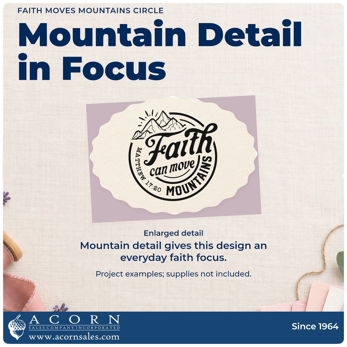 Enlarged detail of the Faith Moves Mountains Circle Self-Inking Stamp imprint. Outlined mountain peaks top a circular "Faith can move mountains" design with Matthew 17:20.