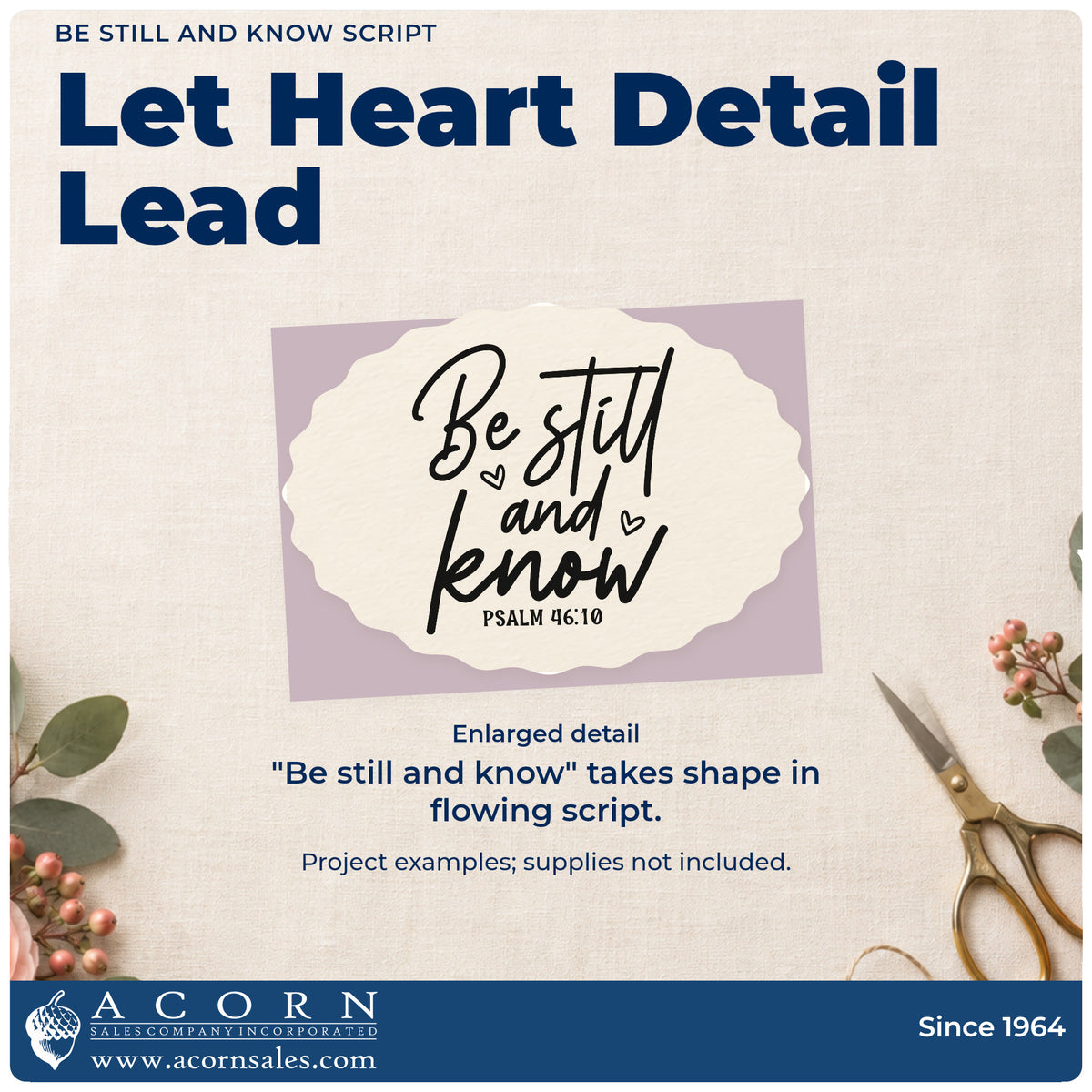 Enlarged detail of the Be Still And Know Letter Art Rubber Stamp – Wood Handle imprint. Large flowing script reads "Be still and know," with hearts and Psalm 46:10.