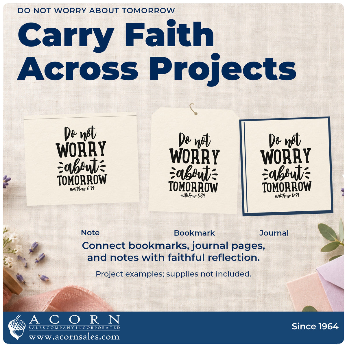 Three project examples made with the Do Not Worry About Tomorrow Lettering Hand Stamp – Duo, including present moment pages.