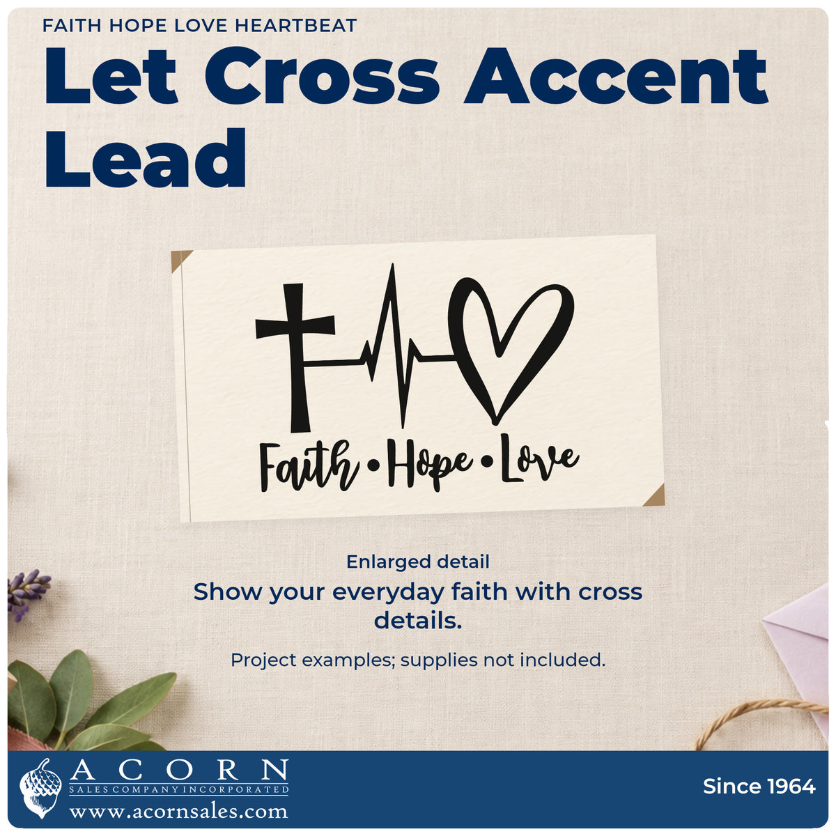 Enlarged detail of the Faith Hope Love Heartbeat Rubber Stamp – Wood Handle imprint. A cross, heartbeat line, and outlined heart sit above "Faith, hope, love."