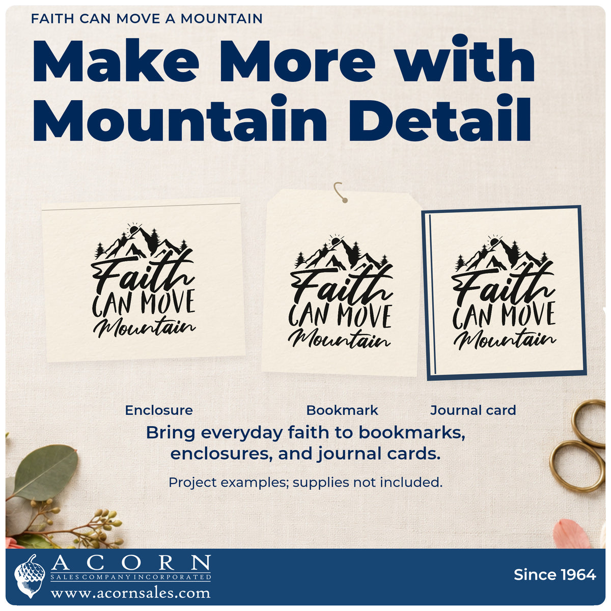 Three project examples made with the Faith Can Move Mountain Pre-Inked Stamp – Slim, including trail scrapbooks.