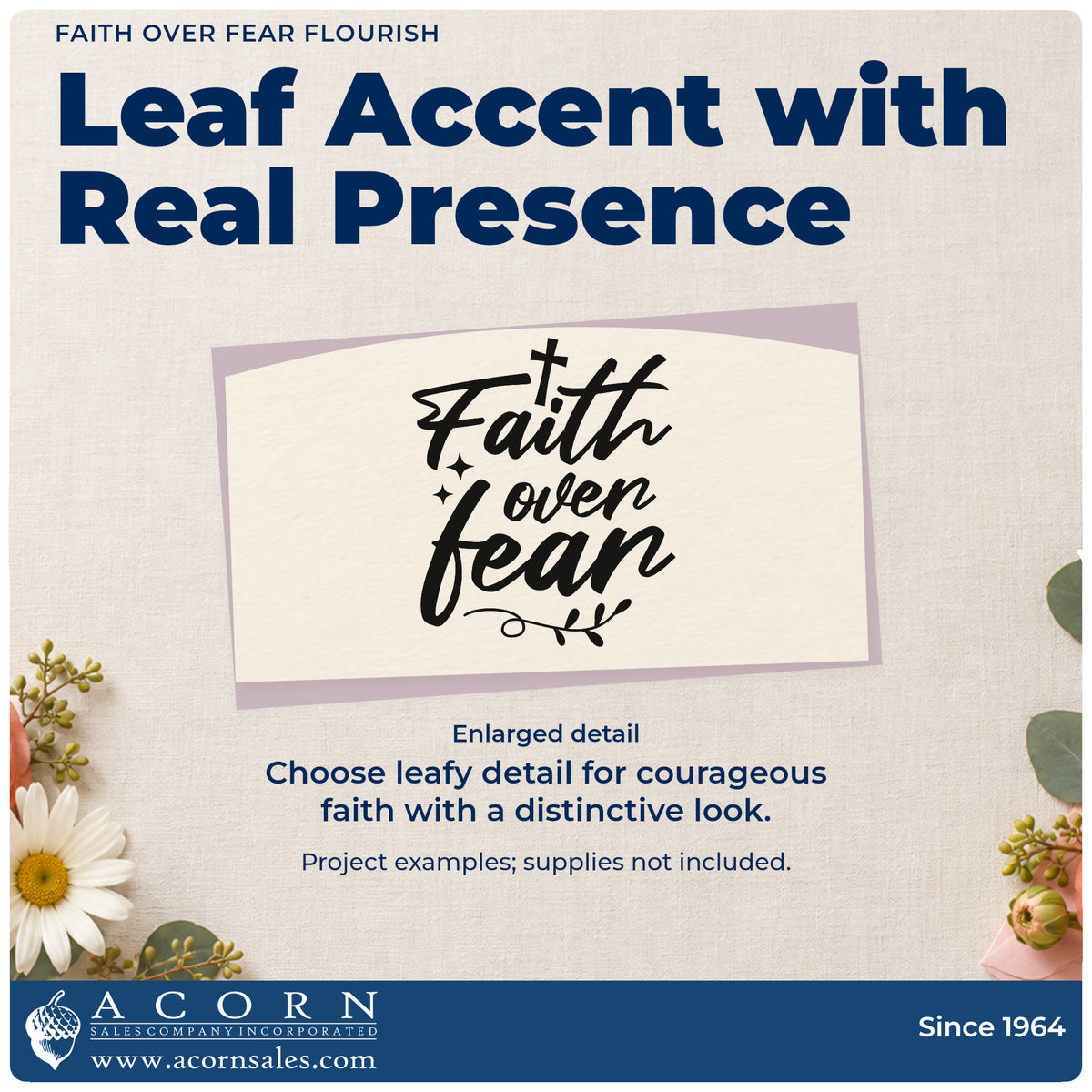 Enlarged detail of the Faith Over Fear PSI Pre-Inked Stamp imprint. A cross, sparkles, and leafy flourish accent "Faith over fear" script.