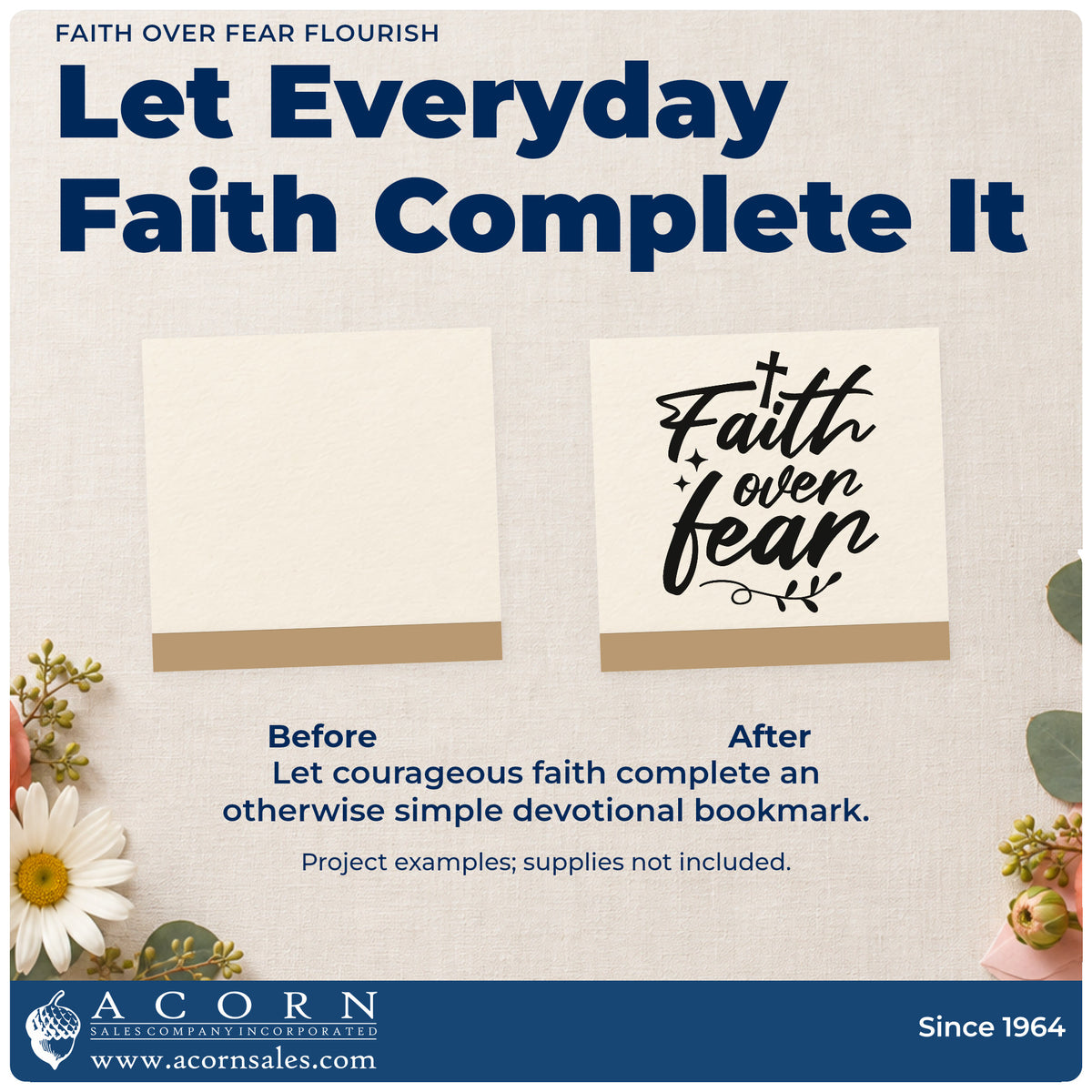 Before and after of a plain item finished with the Faith Over Fear PSI Pre-Inked Stamp, a quick upgrade for mission trip tags.