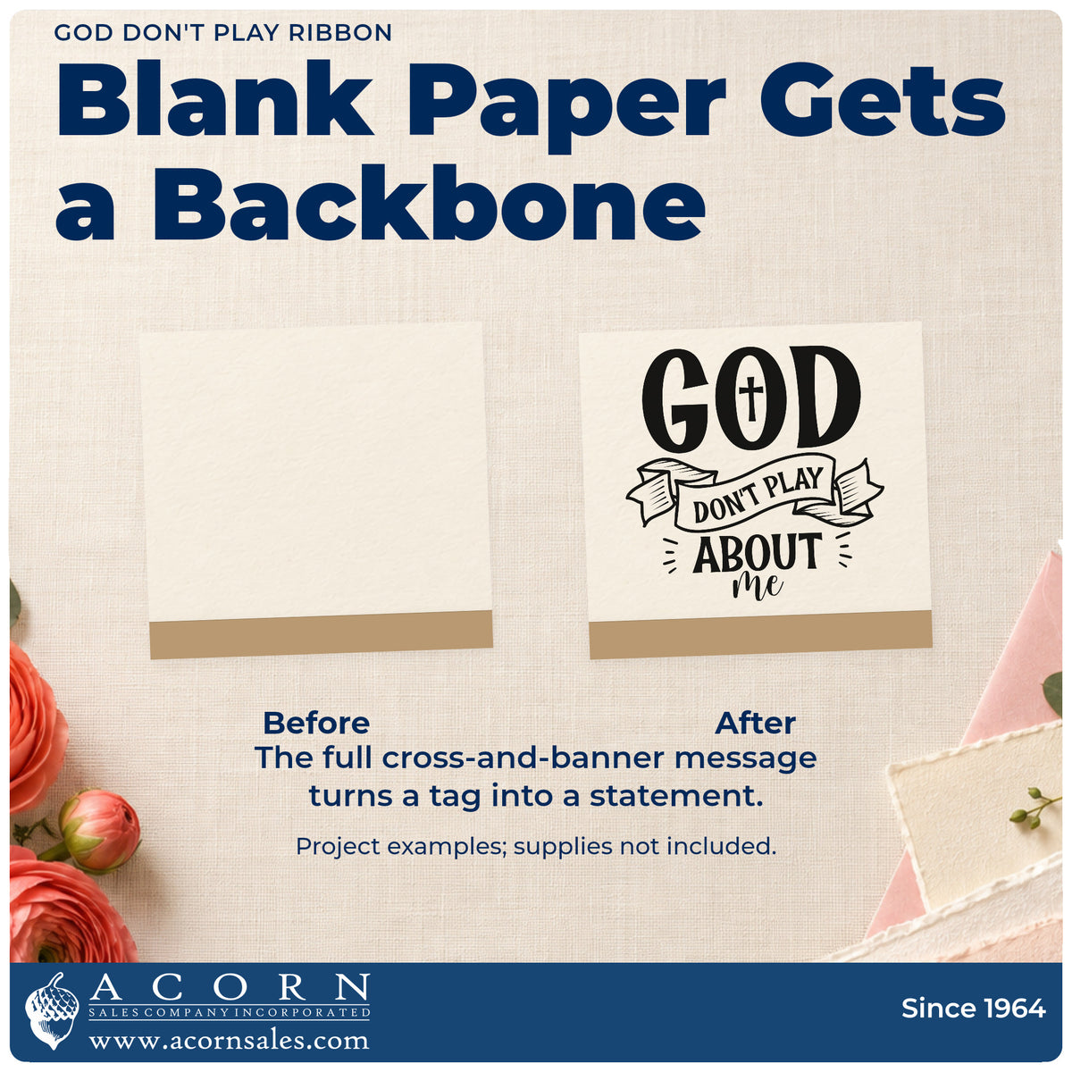 Before and after of a plain item finished with the God Don't Play Ribbon Pre-Inked Stamp – PSI, a quick upgrade for group chat gifts.