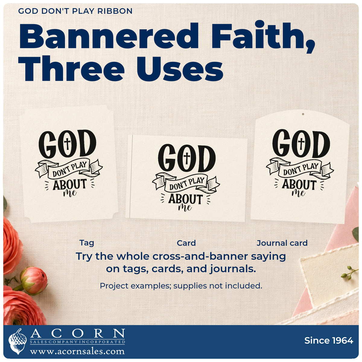 Three project examples made with the God Don't Play Ribbon Pre-Inked Stamp – PSI, including friend photo pages.