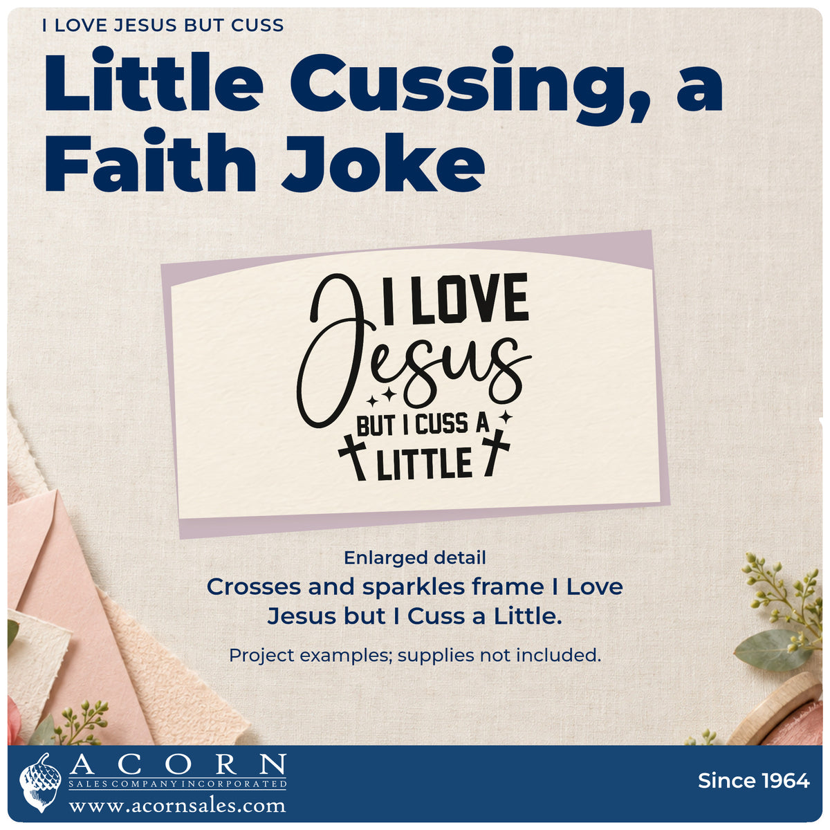 Enlarged detail of the I Love Jesus But I Cuss A Little Compact Pre-Inked Stamp – Slim imprint. Crosses and sparkles accent "I love Jesus but I cuss a little."