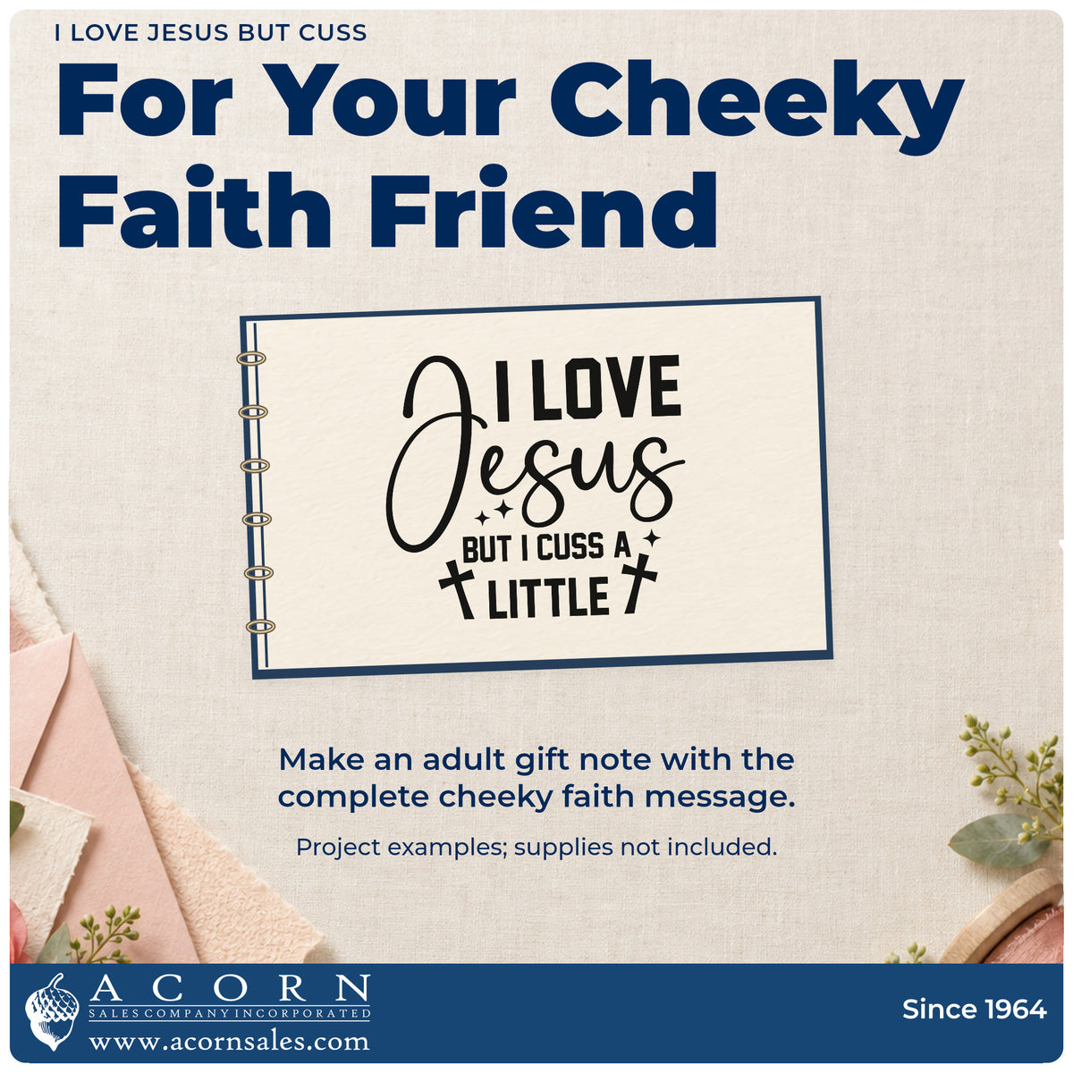A finished handmade project stamped with the I Love Jesus But I Cuss A Little Compact Pre-Inked Stamp – Slim, ideal for birthday gift tags.