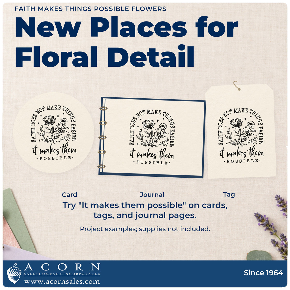 Three project examples made with the Faith Makes Things Possible With Wildflowers Stamp – Self-Inking, including effort scrapbooks.