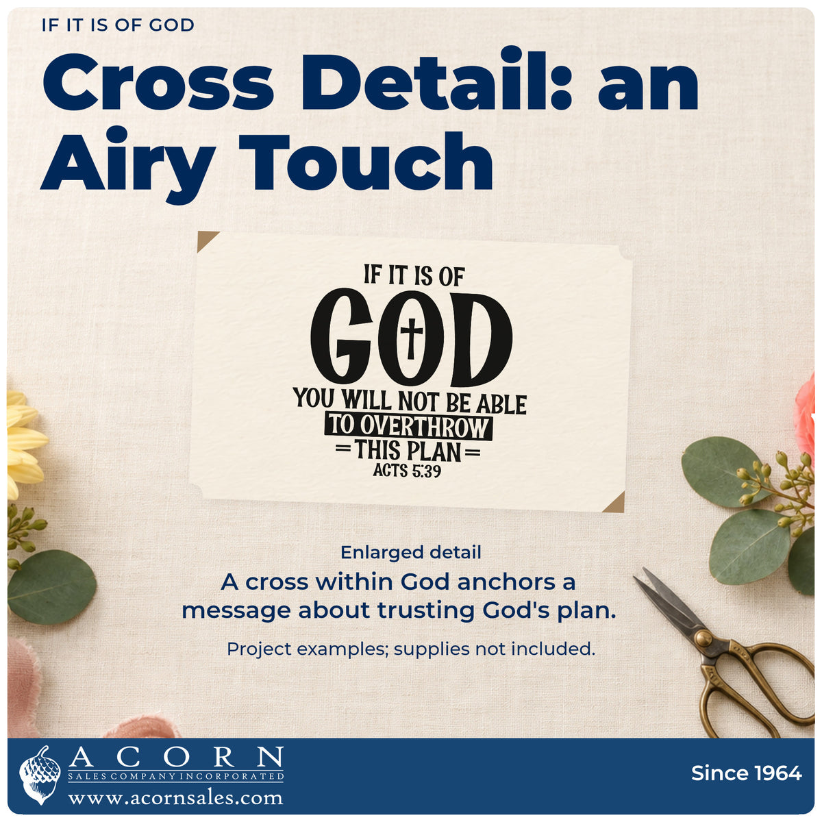 Enlarged detail of the If It Is Of God Rubber Stamp – Duo Hand imprint. A cross fills the O in "God" within a stacked quotation about being unable to overthrow God's plan, with Acts 5:39.