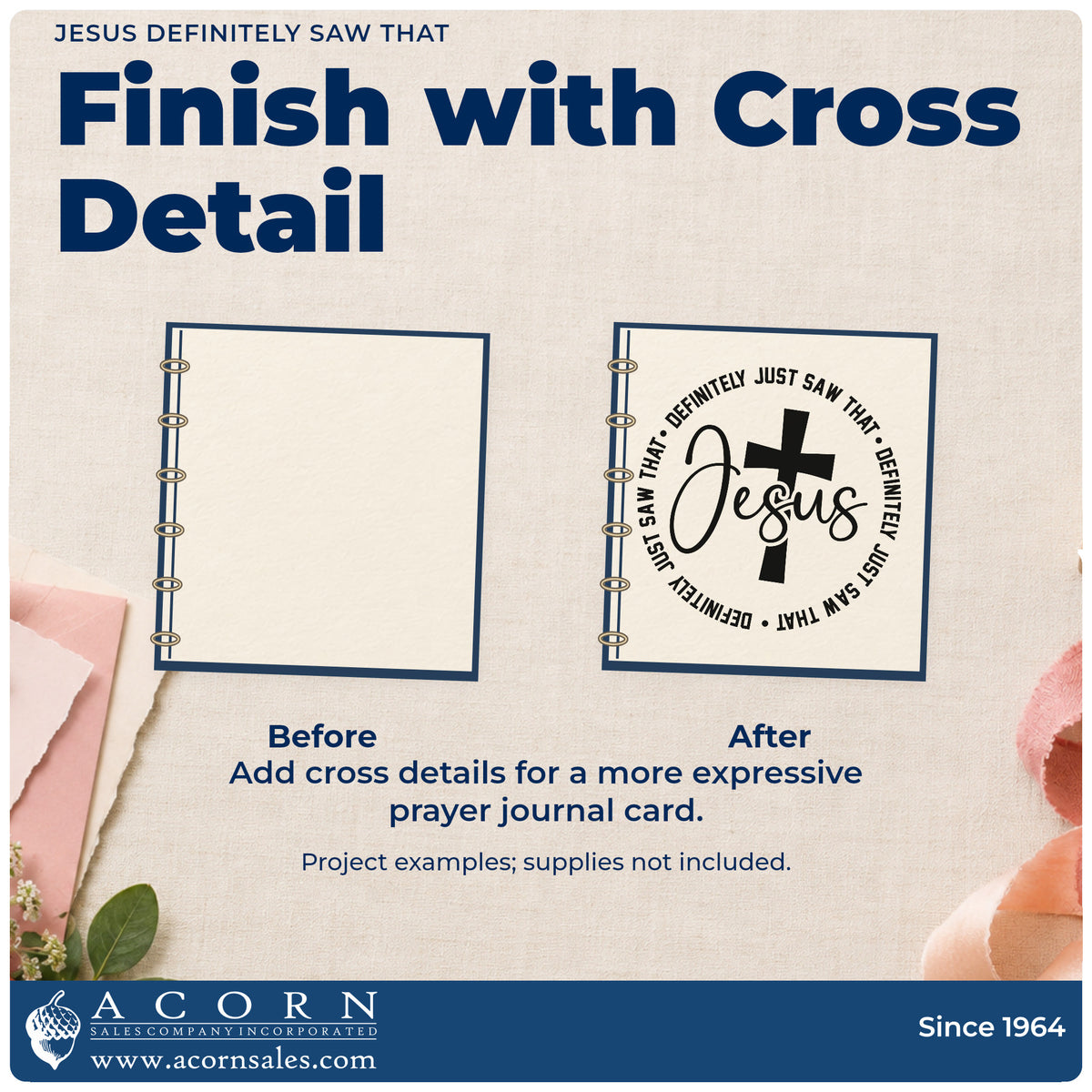 Before and after of a plain item finished with the Jesus Definitely Saw That With Cross Hand Stamp – Duo, a quick upgrade for cookie jar labels.