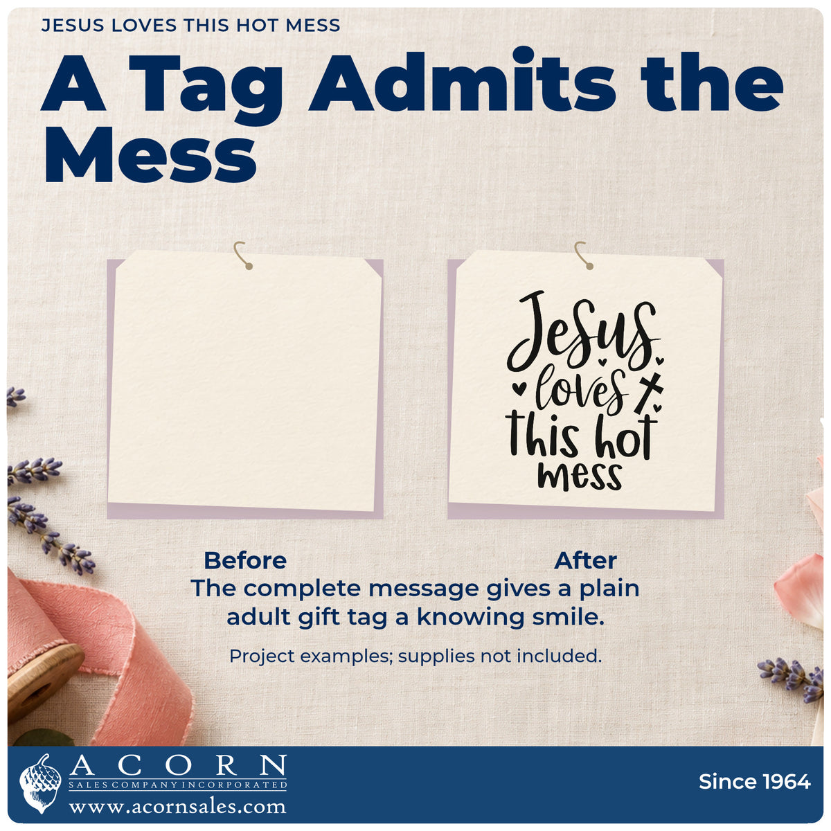 Before and after of a plain item finished with the Jesus Loves This Hot Mess Pre-Inked Stamp – PSI, a quick upgrade for birthday gift tags.