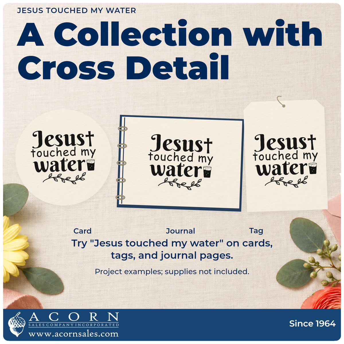 Three project examples made with the Premium Wooden Jesus Touched My Water With Cross Stamp - Vintage Pro, including girls' night pages.