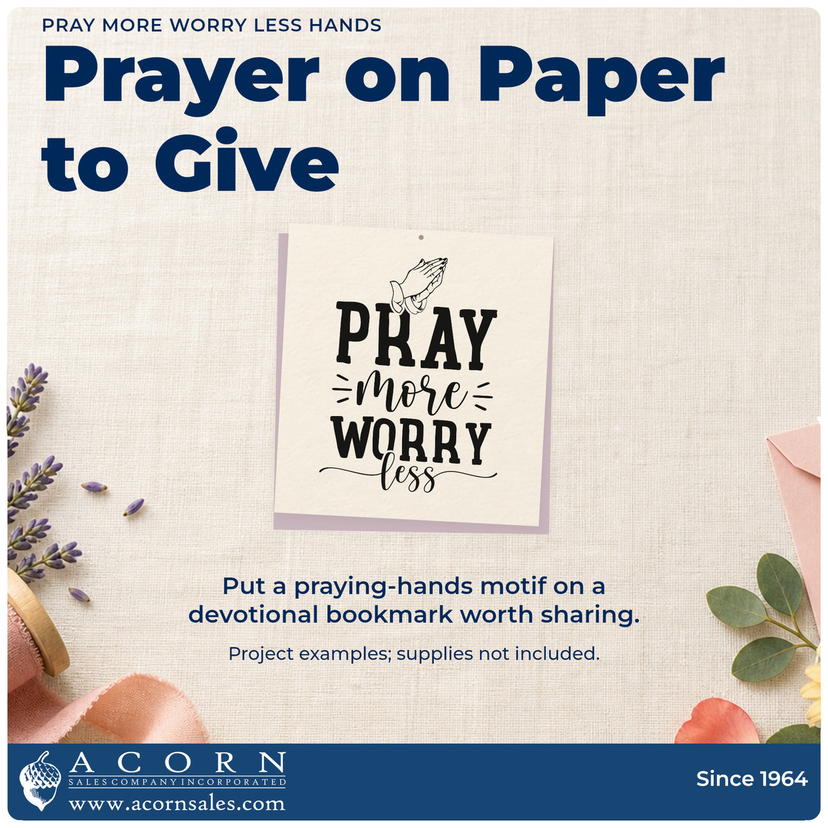 A finished handmade project stamped with the Pray More Worry Less Hands Premium Wooden Stamp - Vintage Pro, ideal for kitchen wall art.