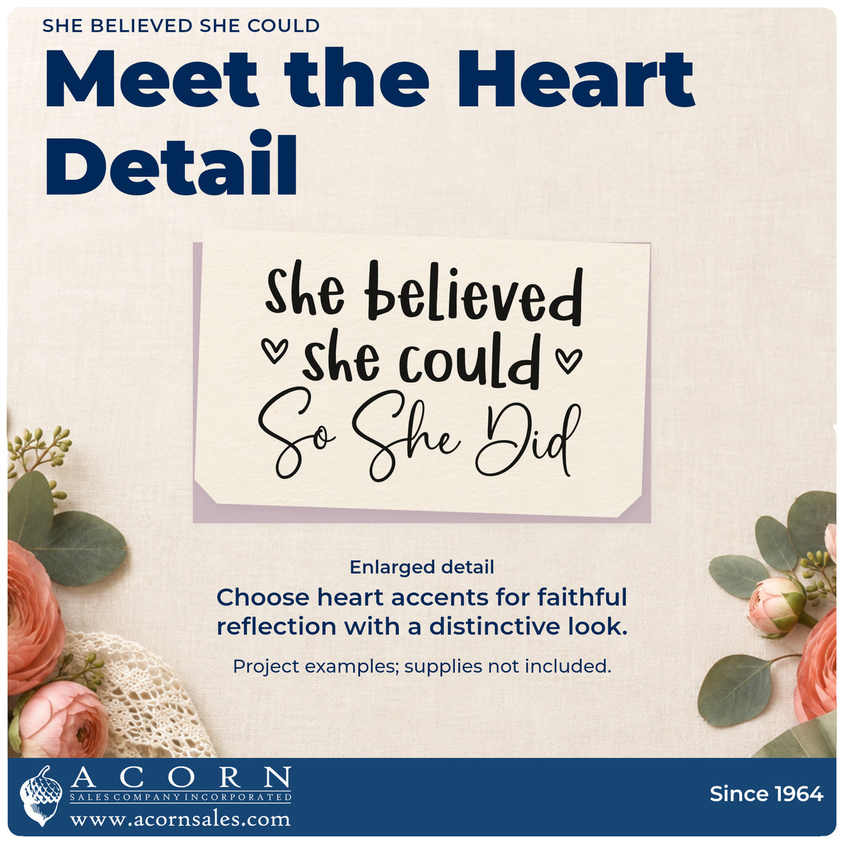 Enlarged detail of the She Believed She Could Rubber Stamp – Wood Handle imprint. Small outlined hearts accent "She believed she could, so she did."